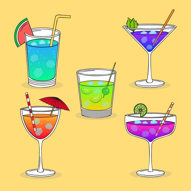 Collection de cocktails d'été dessinés à la main