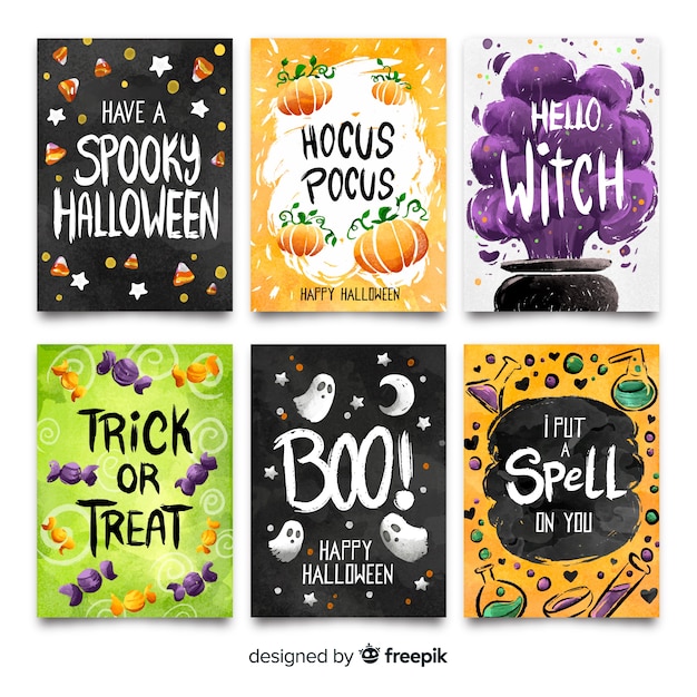 Vecteur gratuit collection colorée de carte aquarelle halloween