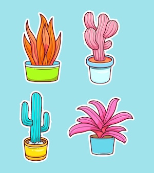 Collection de coloriages dessinés à la main autocollant plante et cactus