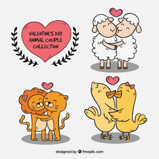 Collection De Couple D'animaux De Saint-valentin Dessinés à La Main
