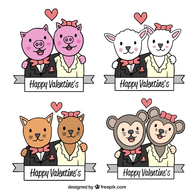 Vecteur gratuit collection de couple d'animaux de saint-valentin dessinés à la main