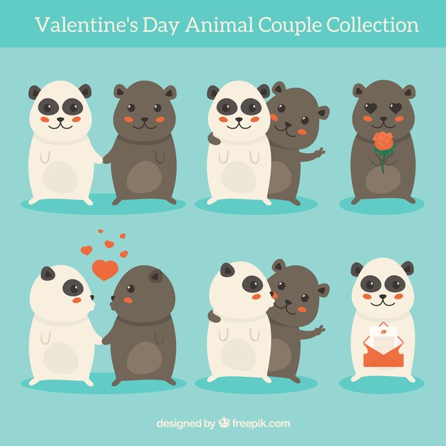 Vecteur gratuit collection de couple d'animaux de saint-valentin dessinés à la main