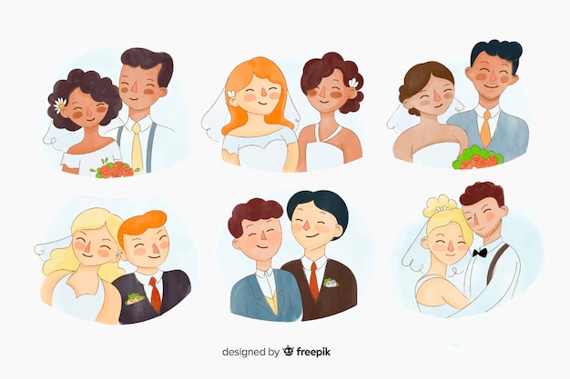 Vecteur gratuit collection de couples de mariage watecolor