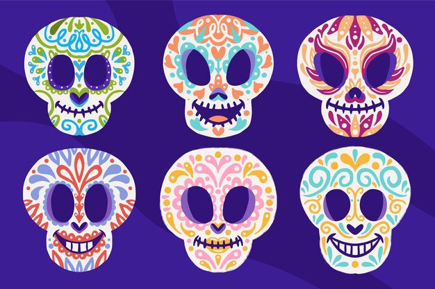 Collection de crânes dia de muertos dessinés à la main