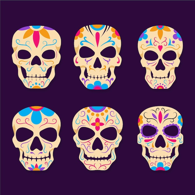 Collection De Crânes Dia De Muertos Dessinés à La Main Vecteur gratuit