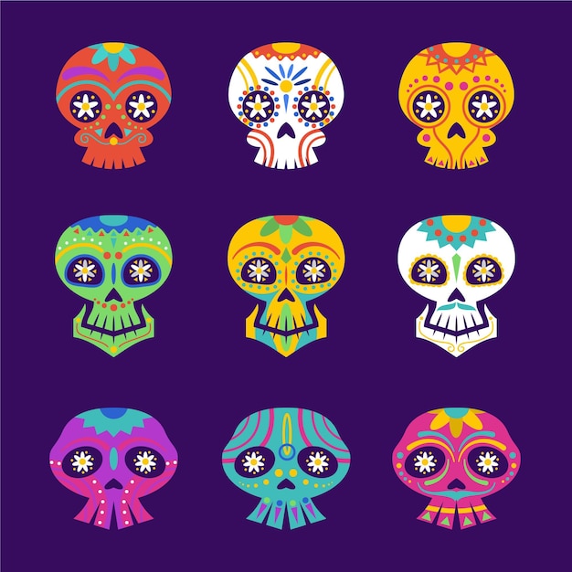 Vecteur gratuit collection de crânes plats dia de muertos dessinés à la main