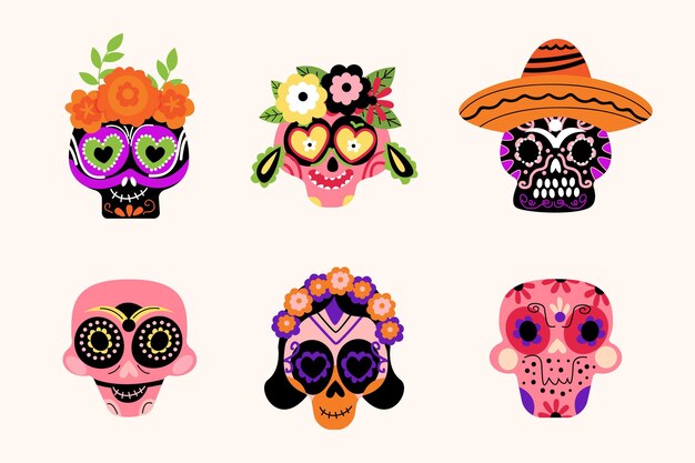 Collection de crânes plats dia de muertos dessinés à la main