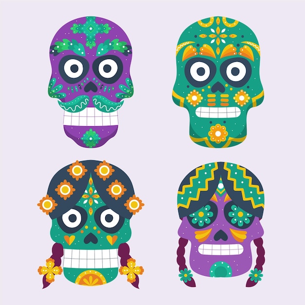 Vecteur gratuit collection de crânes plats dia de muertos dessinés à la main