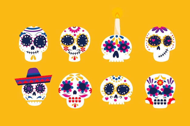 Vecteur gratuit collection de crânes plats dia de muertos