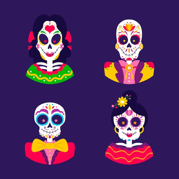 Vecteur gratuit collection de crânes plats dia de muertos