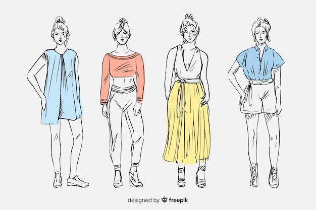 Vecteur gratuit collection de croquis de mode avec des modèles