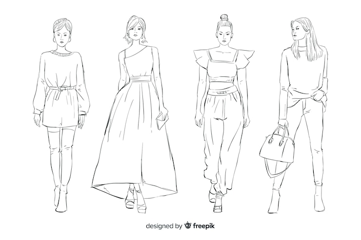 Vecteur gratuit collection de croquis de mode avec des modèles