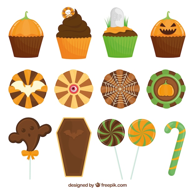 Vecteur gratuit collection de cupcake et bonbons halloween