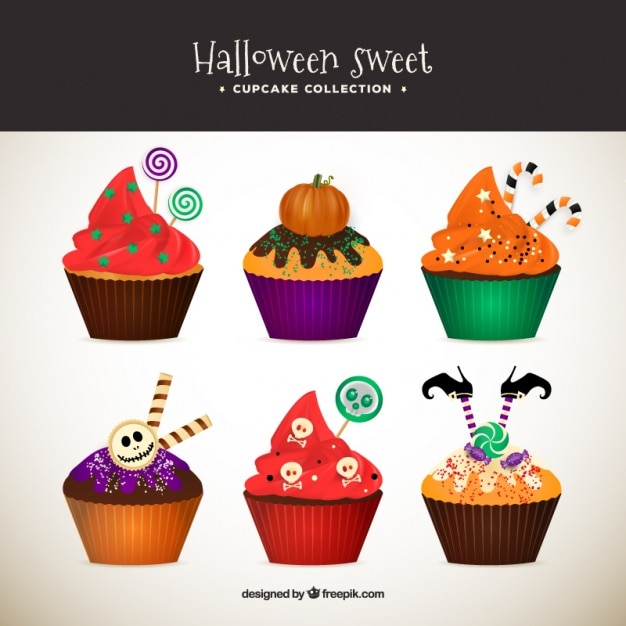 Vecteur gratuit collection cupcake avec des éléments de halloween