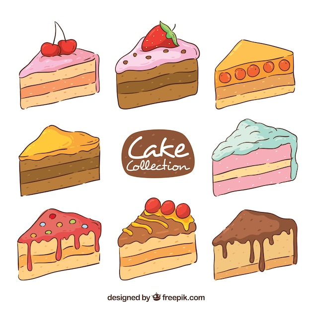 Vecteur gratuit collection de délicieux gâteaux dans un style dessiné à la main