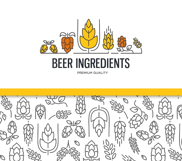 Vecteur gratuit collection de design élégant avec deux champs avec motif sans couture de malt et avec les ingrédients de la bière de texte avec brindille de houblon, fleur, malt