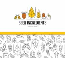 Vecteur gratuit collection de design élégant avec deux champs avec motif sans couture de malt et avec les ingrédients de la bière de texte avec brindille de houblon, fleur, malt