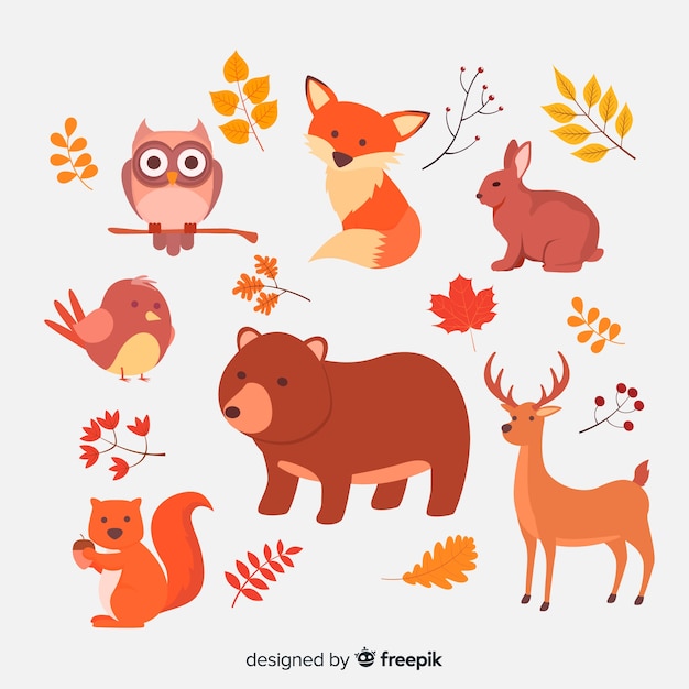 Vecteur gratuit collection de design plat animaux de la forêt en automne