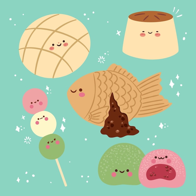 Vecteur gratuit collection de dessert japonais kawaii