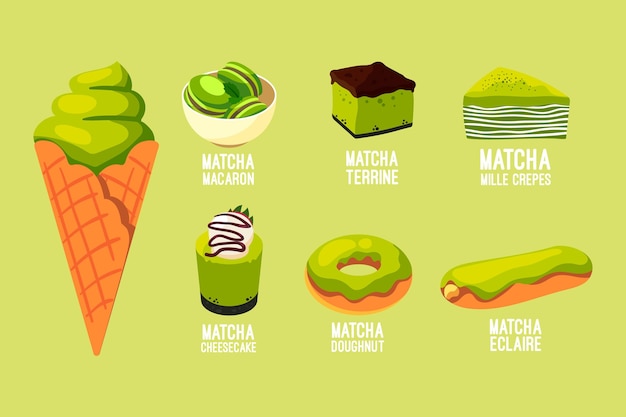 Vecteur gratuit collection de desserts au matcha