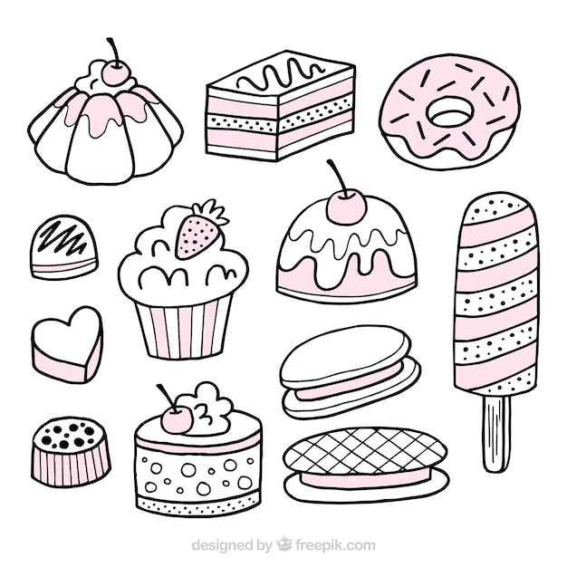 Vecteur gratuit collection de desserts de bonbons dans un style dessiné à la main