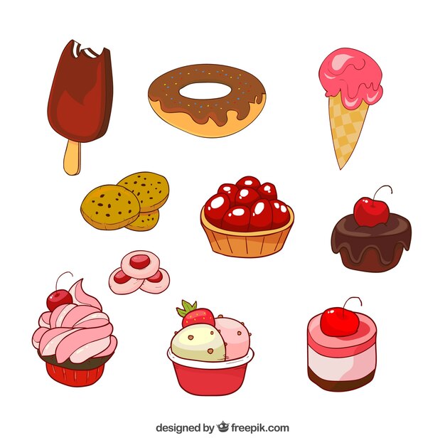 Collection de desserts de bonbons dans un style dessiné à la main