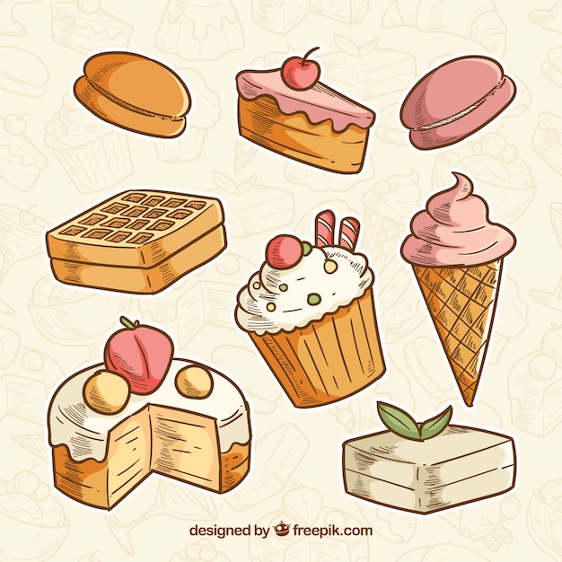 Vecteur gratuit collection de desserts sucrés dans un style dessiné à la main