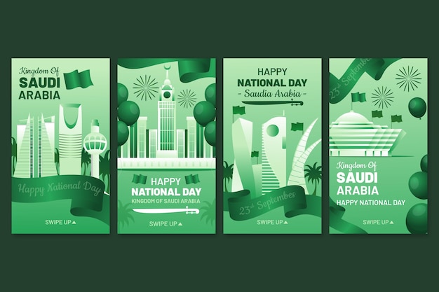Vecteur gratuit collection détaillée d'histoires instagram de la fête nationale saoudienne