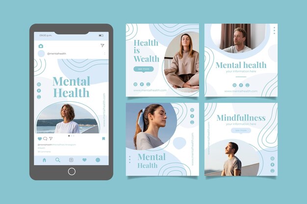 Collection détaillée de publications instagram sur la santé mentale avec photo