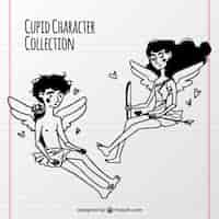 Vecteur gratuit collection de deux personnages cupidon hand-drawn