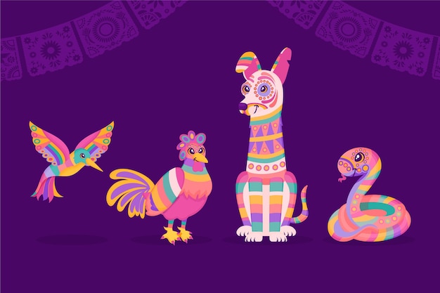 Vecteur gratuit collection de dia de muertos alebrijes plat dessiné à la main