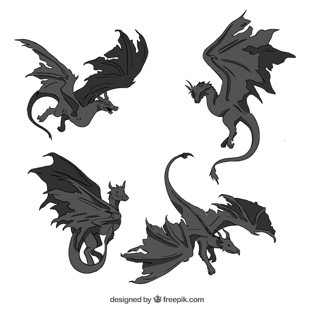 Vecteur gratuit collection de dragons en couleur noire
