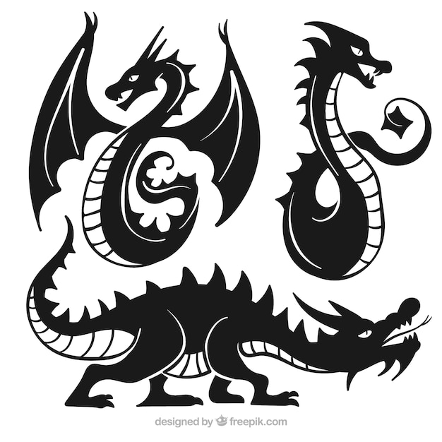 Vecteur gratuit collection de dragons en couleur noire