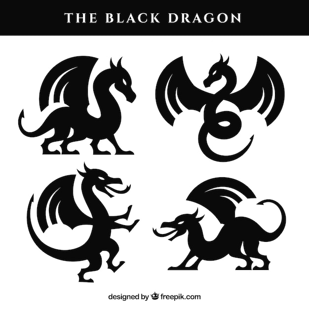 Vecteur gratuit collection de dragons en couleur noire