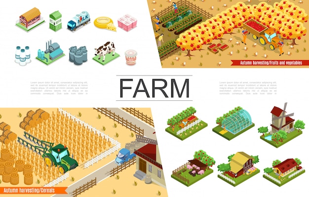 Vecteur gratuit collection d'éléments d'agriculture isométrique avec des fermes moulin à vent récolte des agriculteurs à effet de serre fruits animaux arbres véhicules agricoles usine laitière et produits