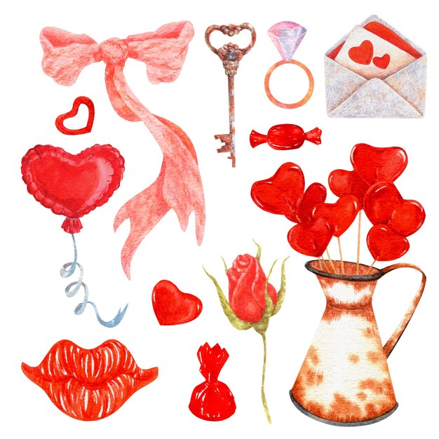 Collection d'éléments aquarelle saint valentin