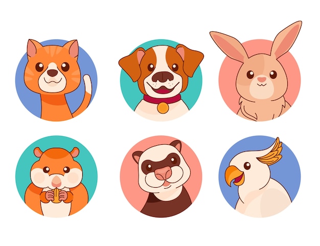 Collection D'éléments D'avatars D'animaux Dessinés à La Main