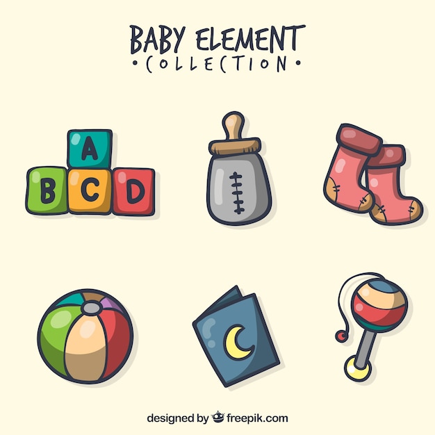 Vecteur gratuit collection d'éléments de bébé dans un style dessiné à la main