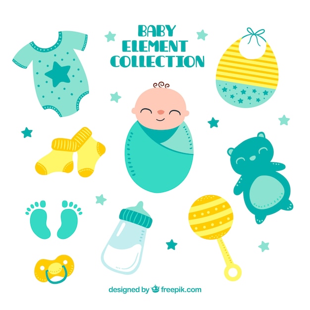 Vecteur gratuit collection d'éléments de bébé dans un style dessiné à la main