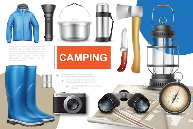 Vecteur gratuit collection d'éléments de camping réaliste avec lampe de poche casserole en métal en conserve boussole thermos hache couteau lanterne carte jumelles caméra bottes en caoutchouc veste