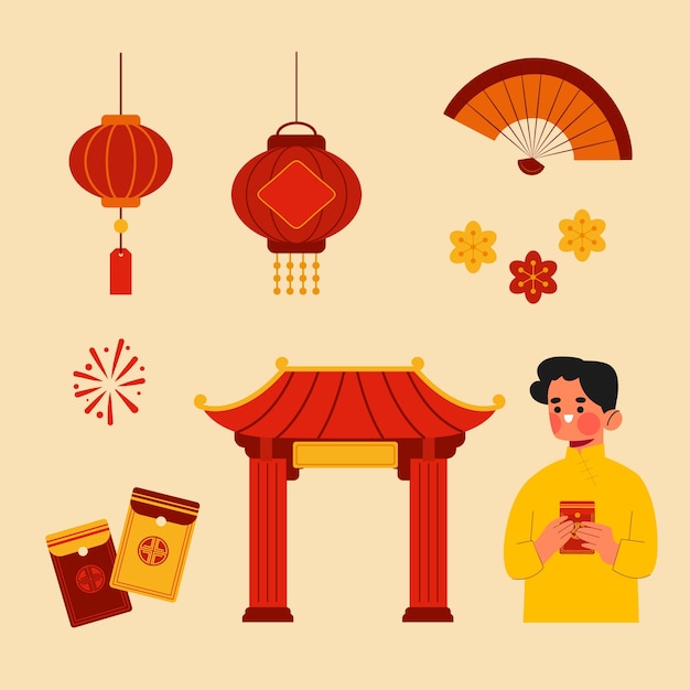 Vecteur gratuit collection d'éléments de design plats pour le festival du nouvel an chinois