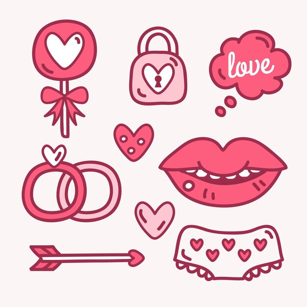 Collection D'éléments Dessinés à La Main Doodle Valentine's Day