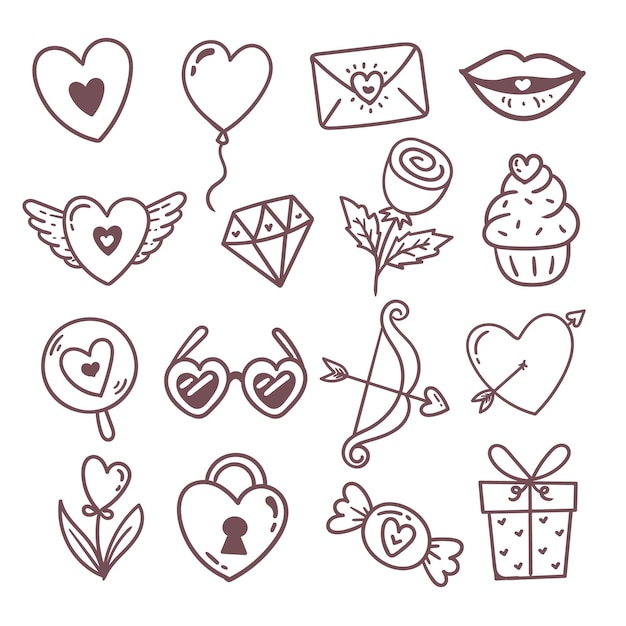 La collection d'éléments de Doodle pour la fête de la Saint-Valentin