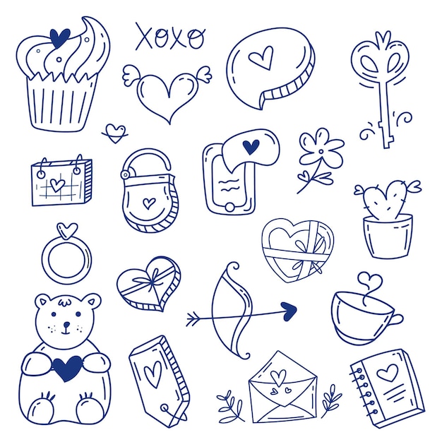Collection d'éléments Doodle Saint Valentin