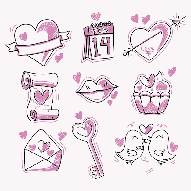 Collection D'éléments Doodle Saint Valentin