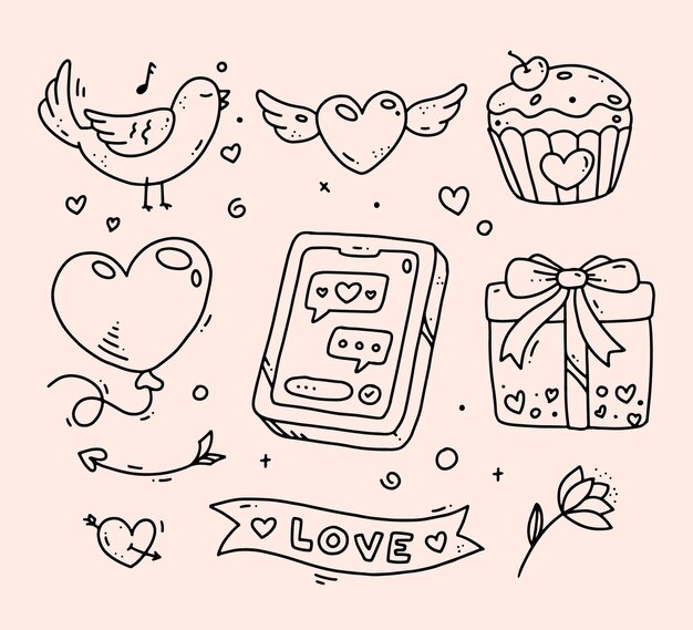 Collection d'éléments Doodle Saint Valentin