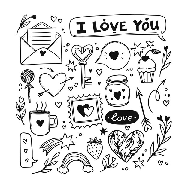 Collection d'éléments Doodle Saint Valentin