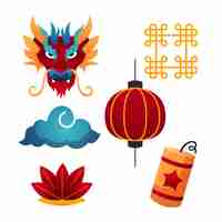 Vecteur gratuit collection d'éléments du nouvel an chinois plat
