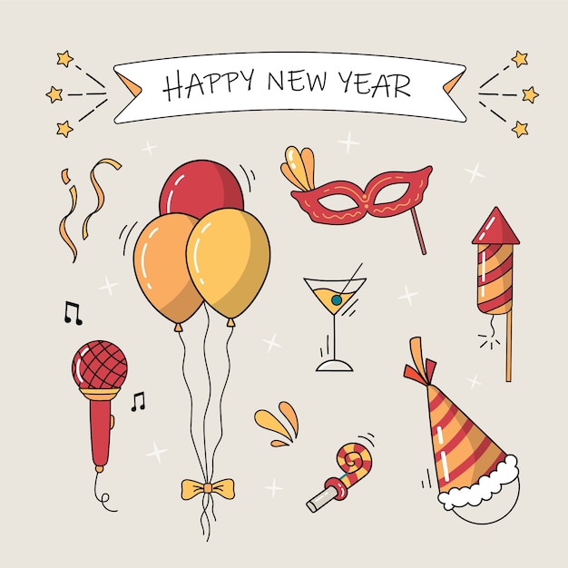 Collection d'éléments de fête du nouvel an dessinés à la main
