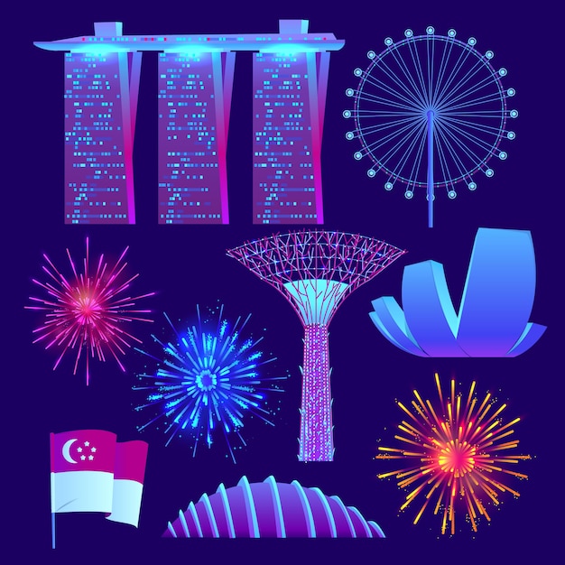 Vecteur gratuit collection d'éléments de la fête nationale de singapour plat